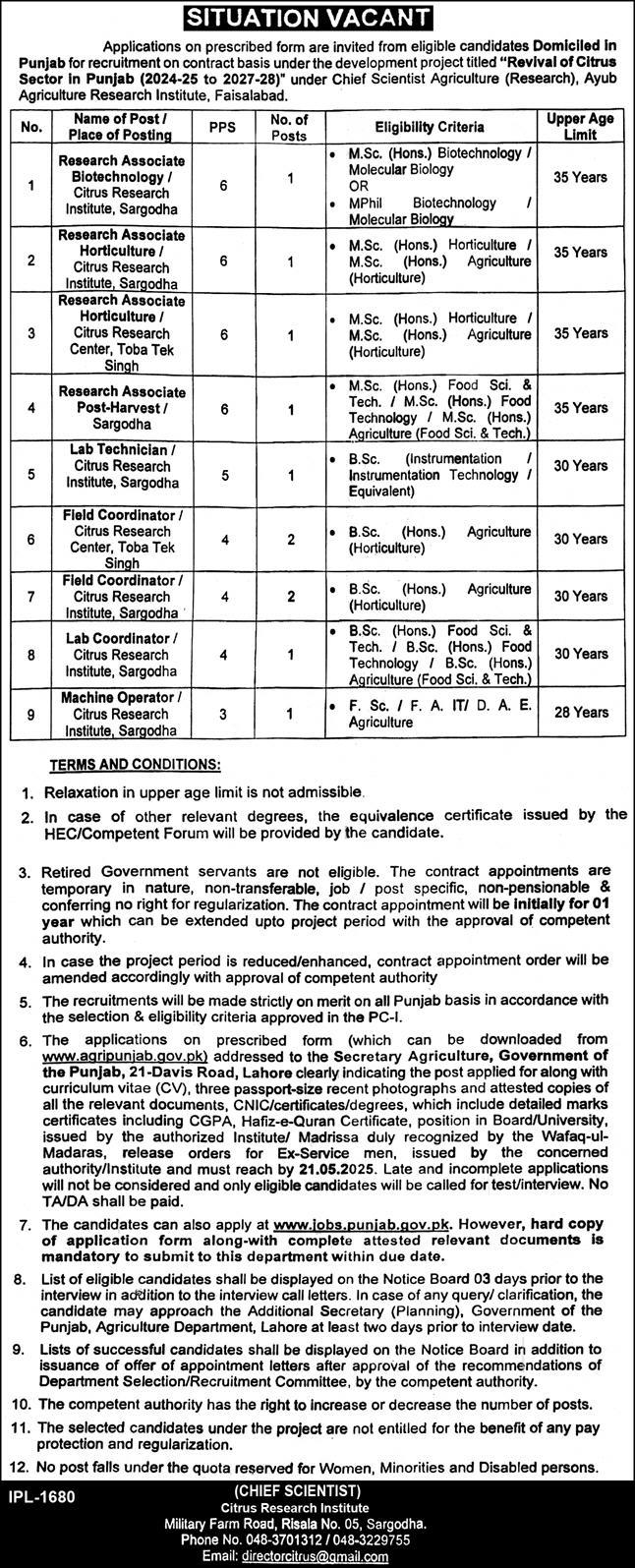 Agriculture Research Institute Faisalabad Jobs 04-05-2025