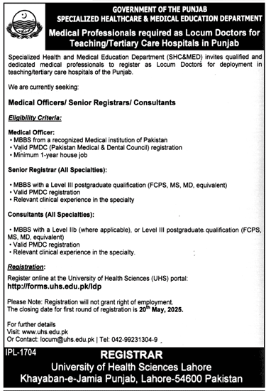 Govt of Punjab Specialized Healthcare & Medical Education Department Jobs 04-05-2025