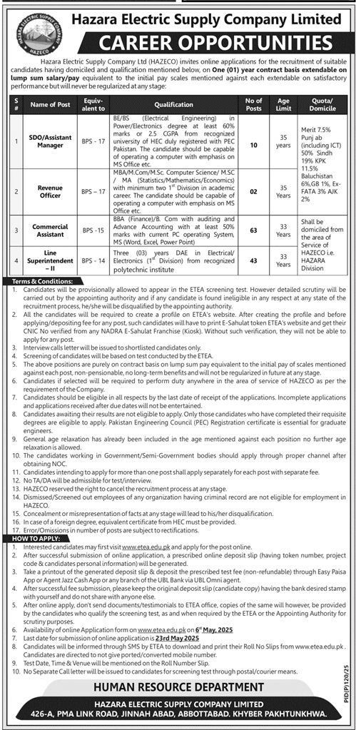 Hazara Electric Supply Companny Limited Jobs 04-05-2025