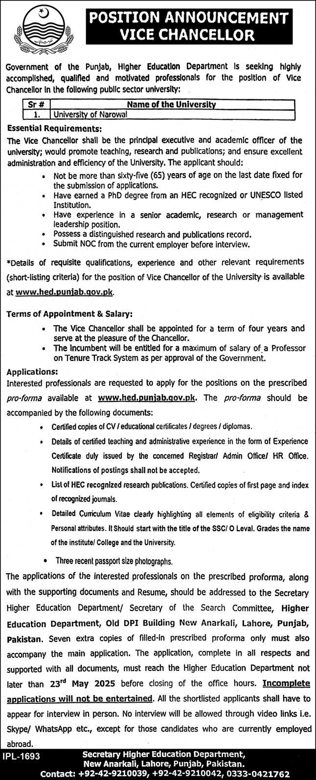 University of Narowal Jobs 04-05-2025